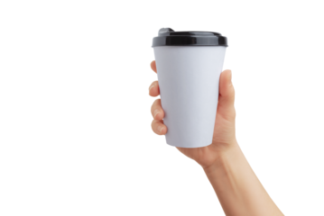 Hand holds white paper cup for takeaway coffee transparent. Ideal surface for logo promotion and mockup. Perfect for branding and marketing projects
