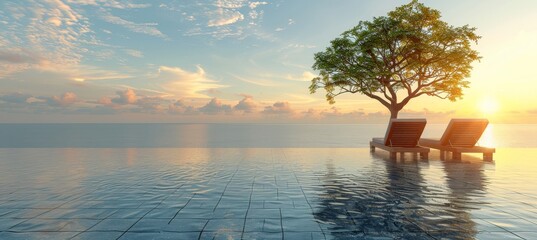 Panoramic ocean sunset view perfect for summer cruise vacation concept with beautiful seascape.