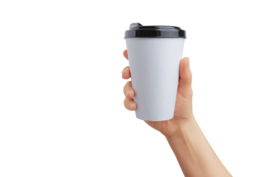 Hand holds white paper cup for takeaway coffee transparent. Ideal surface for logo promotion and mockup. Perfect for branding and marketing projects
