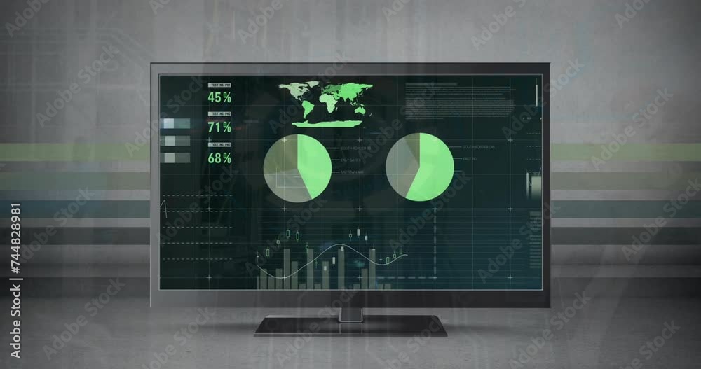 Poster animation of data processing and diagrams over computer screen with copy space