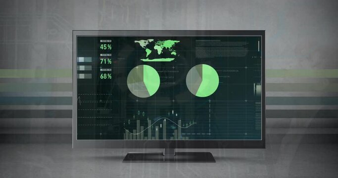 Animation of data processing and diagrams over computer screen with copy space