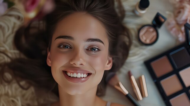 Gorgeous makeup model advertising various makeup products, advertisement