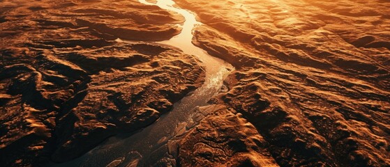 Aerial view of a river flowing through a desert. Generative AI.