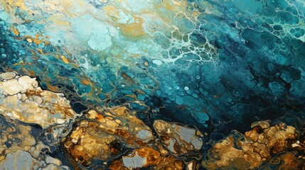 Fototapeta na wymiar Abstract painting of blue and gold rocks. Generative AI.