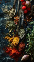 Spices and herbs on a dark background. Generative AI.
