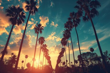 Palm trees in the sunset at the beach. Generative AI.