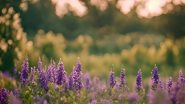 Field is filled with purple flowers with tall trees in the background. The scene captures the beauty of nature with vibrant colors