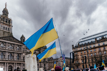 Ukrainian flag in front of Glasgow city council, the anniversary of the war in Ukraine