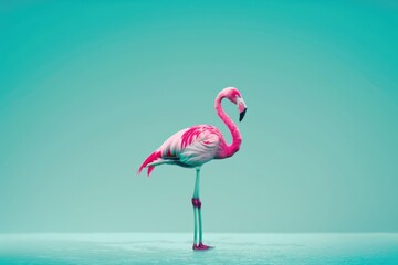 Elegant flamingo standing on one leg with a tranquil turquoise sea backdrop