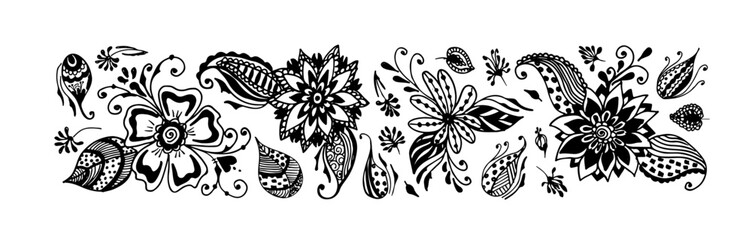 Vector floral set. Collection with decorative flowers in retro, vintage, jacobean embroidery style. Monochrome creative botanical design for card.
