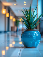 Corporate calm: blue pot with green plant, office lights reflected on floor