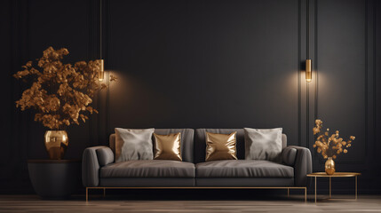 Elegant Living Room Interior with Grey Sofa and Golden Decor on Dark Wall