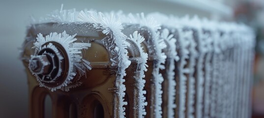 Frozen home heating radiator symbolizing winter freeze and heat energy crisis concept