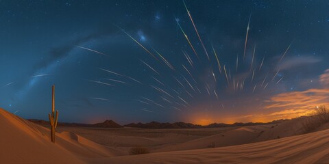 Panoramic view of a desert under a celestial spectacle with shooting stars darting across a twilight sky, showcasing the awe-inspiring beauty of meteor showers - obrazy, fototapety, plakaty