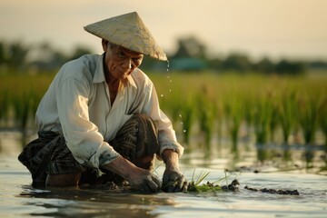 Elderly Asian farmer transplanting rice seedlings at sunrise, straw hat dripping with water - obrazy, fototapety, plakaty