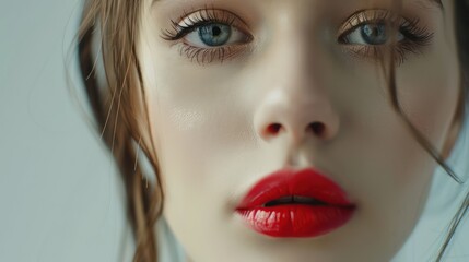 Fototapeta premium Gorgeous makeup model advertising red lipstick shade, red lipstick ad