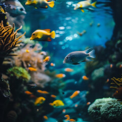 Naklejka na ściany i meble Underwater Wonders: Exotic Fish and Coral Reef in Aquarium