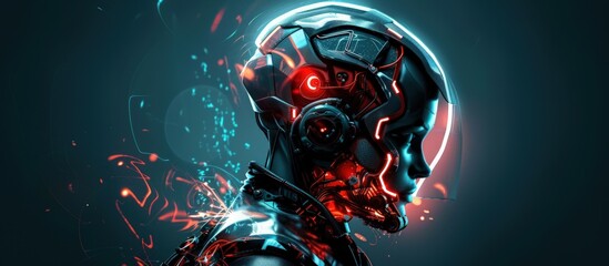 Futuristic cyborg cyberpunk warrior with glowing neon background illustration. AI generated image