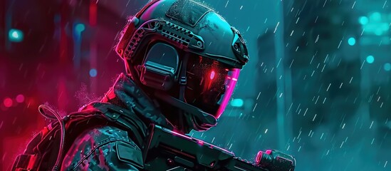 Portrait illustration cyberpunk soldier of science fiction military robot glowing neon background.