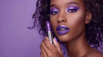 Gorgeous makeup model advertising purple lipstick shade, purple lipstick ad, purple background - obrazy, fototapety, plakaty
