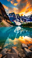 Spectacular Scenic View of Snow-Capped Mountain Range, Lush Green Slopes, and a Crystal Clear Lake