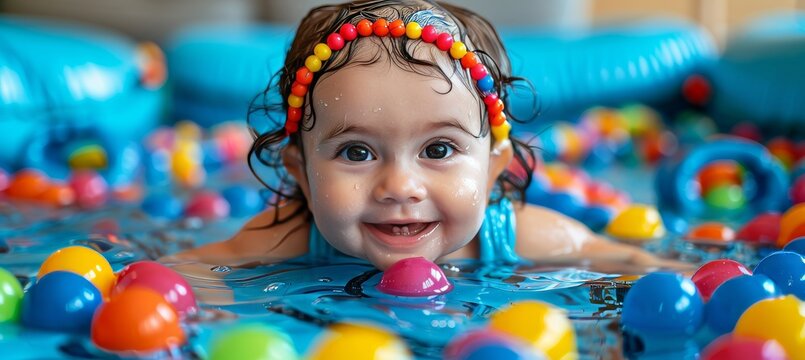 Adorable baby happily playing with colorful bath toys in a cozy bath or pool setting