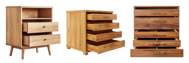 A set of chests of solid wood with three drawers, stained and lacquered, rectangular in shape, against a white or transparent background. Furniture as an interior element