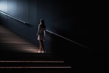 Back view of a businesswoman on dark stairs with light accents. Businesswoman Ascending Illuminated Stairs