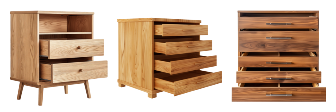 A set of chests of solid wood with three drawers, stained and lacquered, rectangular in shape, against a white or transparent background. Furniture as an interior element - Powered by Adobe