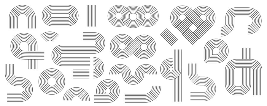 Geometric stripy pattern set PNG. Aesthetic design line art shape. Boho shapes with line and stripes. Vector modern stroke art.