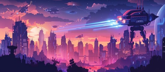 Battle superhero robot with alien in futuristic city space on cartoon style. AI generated image