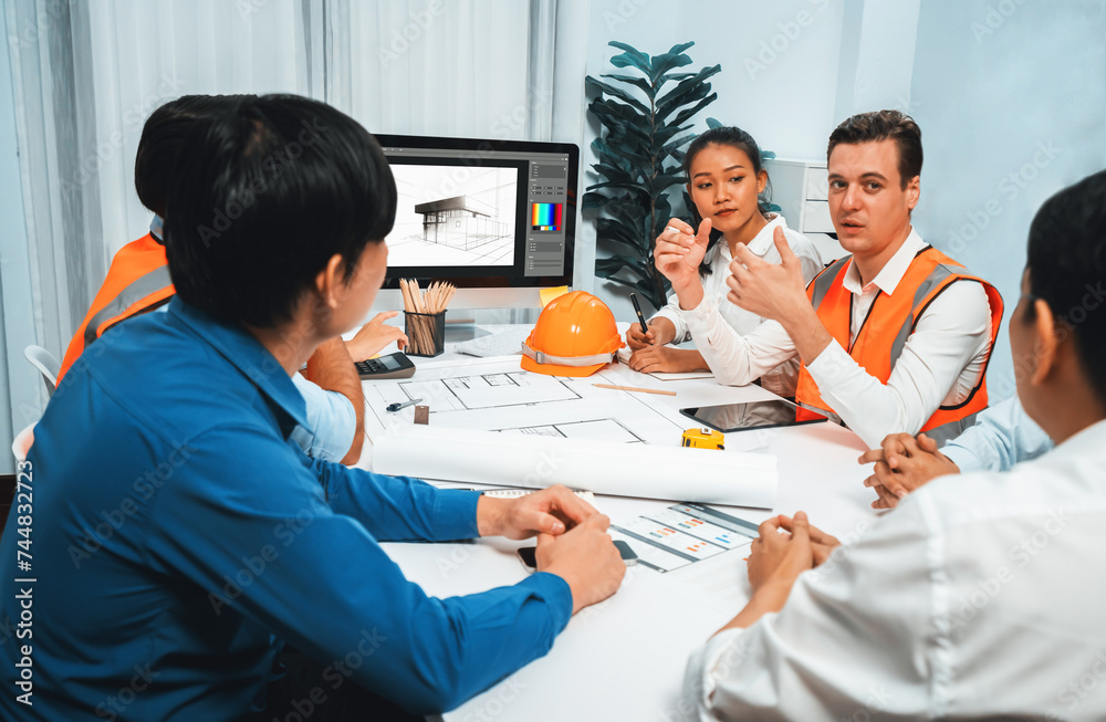 Aufkleber diverse group of civil engineer and client working together on architectural project, reviewing cons