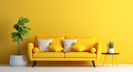 Yellow Illustration of Contemporary Living Room Furniture Display. Three-Dimensional Minimalist Set
