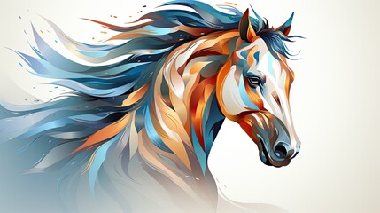 Colorful illustration portrait of a horse drawing with paints on a white background, watercolor painting. Drawing horse print for clothing or paper, concept art, wall painting, background, banner.