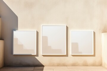Three empty picture frames leaning against a wall with shadows. Mockup White Picture Frames on Wall