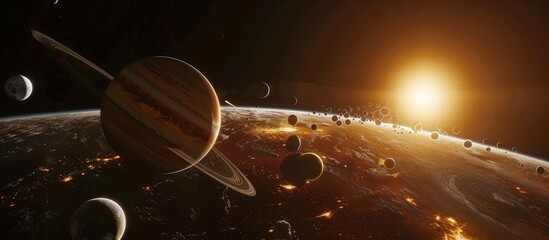 Panoramic view fantasy of planets in solar system in outer space. AI generated image