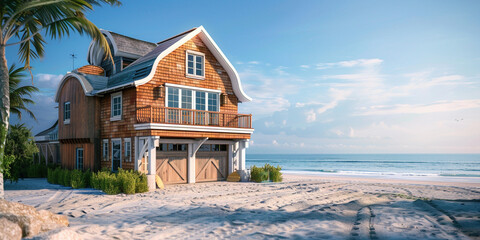Three-storey cottage on the sandy beach of the sea - obrazy, fototapety, plakaty