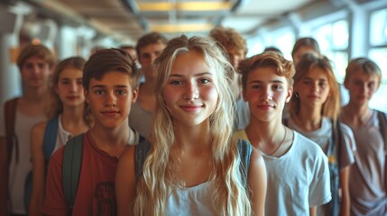 Fototapeta premium Group of happy teenagers with backpacks smiling at school. Guys and girls. University students. Youth Community. Concept of friendship, high school life, youth, and camaraderie.