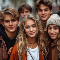 Group of happy teenagers with backpacks smiling outdoors. Guys and girls. University students. Youth Community. Concept of friendship, togetherness, high school life, youth, camaraderie.
