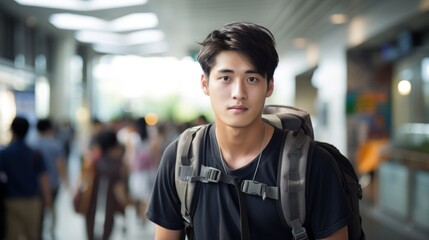 Fototapeta premium Asian student with a backpack at university. Young refugee man. Concept of immigrant education, refugee resilience, international education, diversity, cultural integration.