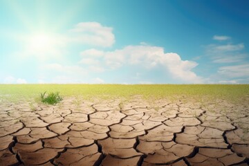 Dried earth transitioning to green field, representing climate change. Climate Change Conceptual Image