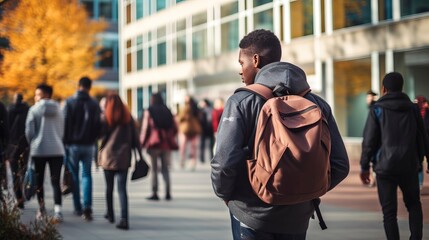 African American male student with a backpack at a university. Back view of man. Concept of academic aspirations, higher education, student diversity, new beginnings, and cultural integration - obrazy, fototapety, plakaty