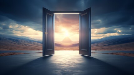Open doors leading to sunrise on the horizon. Concept of new beginnings, hope, freedom, travel, adventure, discovery, the unknown, mystery, and endless possibilities.