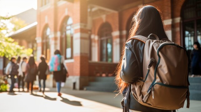 Female student at university outdoors. Refugee woman with backpack. Back view. Concept of immigrant education, refugee integration, diversity, cultural exchange, academic aspiration.