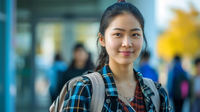 Asian female student at university campus. Young refugee woman with backpack. Concept of immigrant education, refugee integration, diversity, cultural exchange, academic aspiration.