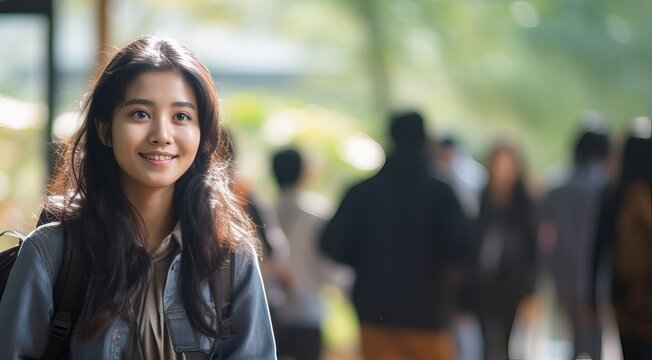 Smiling Asian female student at university outdoors. Young refugee woman with backpack. Concept of immigrant education, refugee integration, diversity, cultural exchange, academic aspiration.