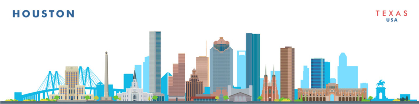Houston city landmarks vector illustration on white background, USA