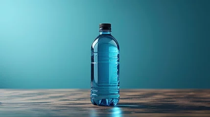Foto op Plexiglas Blue plastic transparent mineral water bottle there is a banner on a table on a blue background without inscriptions, without a label. Mineral water advertising banner. Pure water, filtered, healthy © Наталия Горячих
