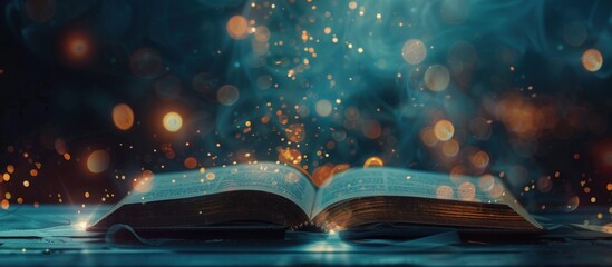 Open magic antique book with abstract bokeh lights glowing on blur background. AI generated image