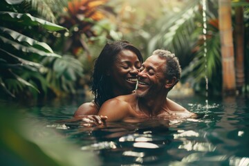 Mature couple smiling and embracing in a lush tropical swimming pool - obrazy, fototapety, plakaty